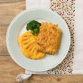 Pečená treska s krustou z kukuřičných lupínků, dýňovo-bramborová kaše