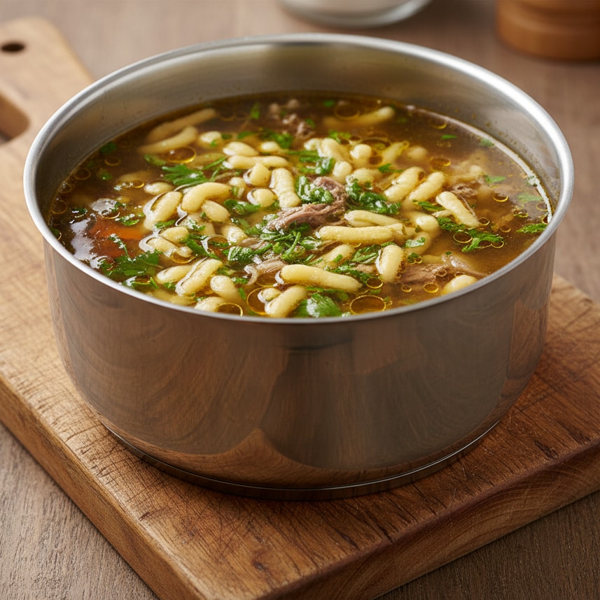 Silný hovězí vývar s bylinkovým kapáním